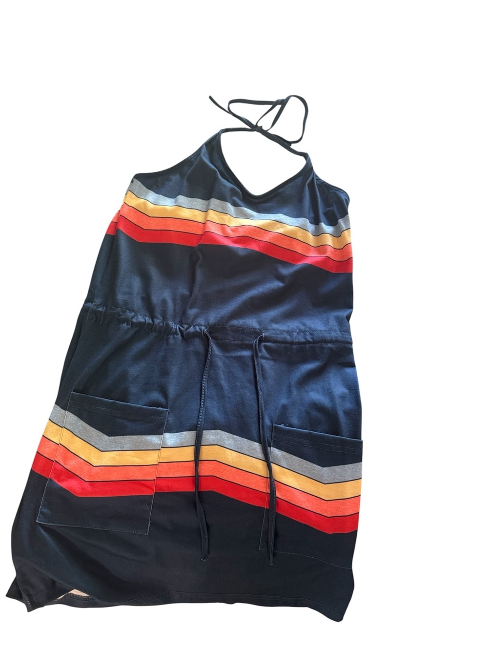 Halter Neck Navy Dress with Rainbow Chevron Stripes